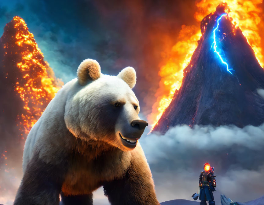 Giant bear and astronaut with erupting volcanoes in dramatic sky