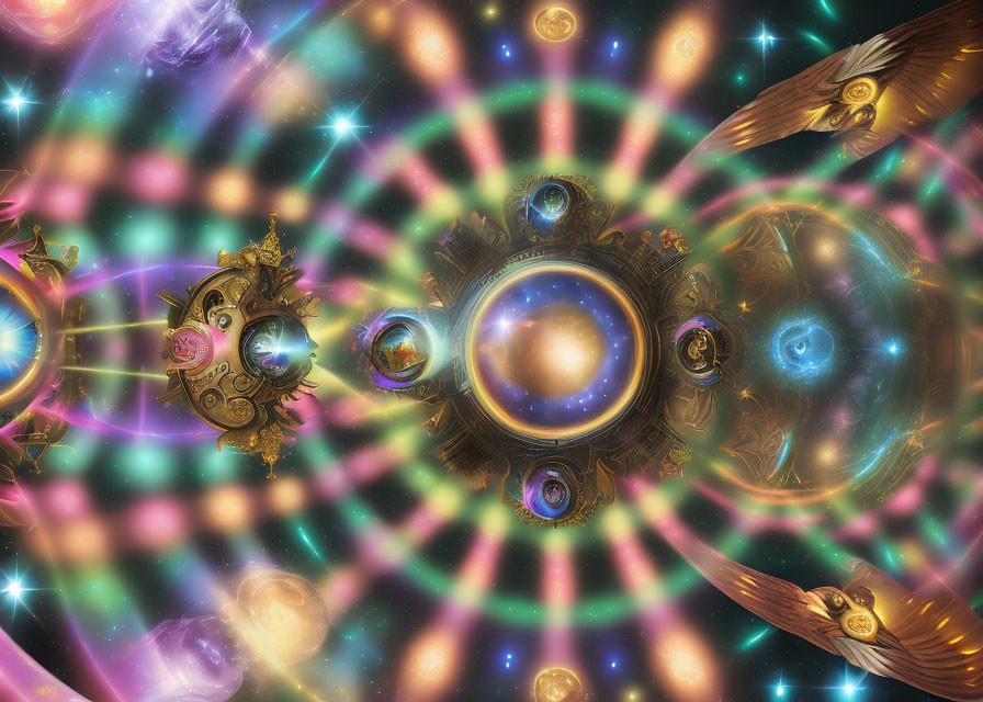 Colorful cosmic scene with steampunk clocks and galaxies