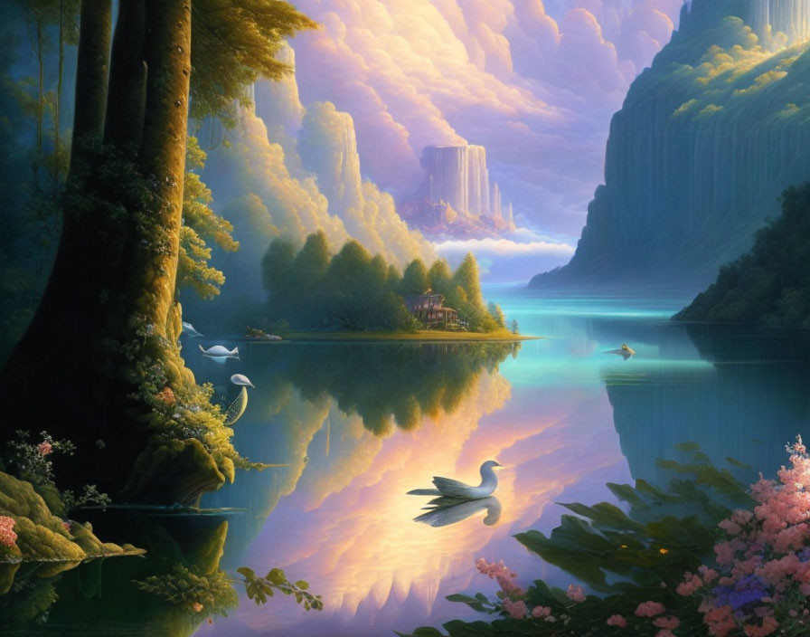 Tranquil landscape with swans on mirror-like lake, lush trees, pink flowers, majestic cliffs