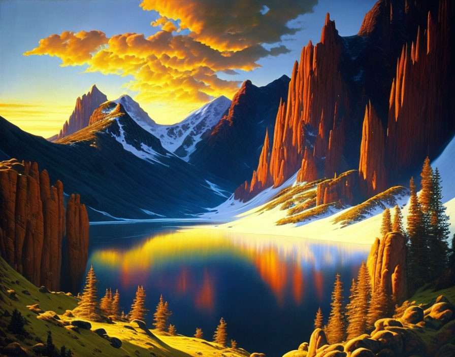 Scenic landscape with red cliffs, serene lake, and snow-capped mountains