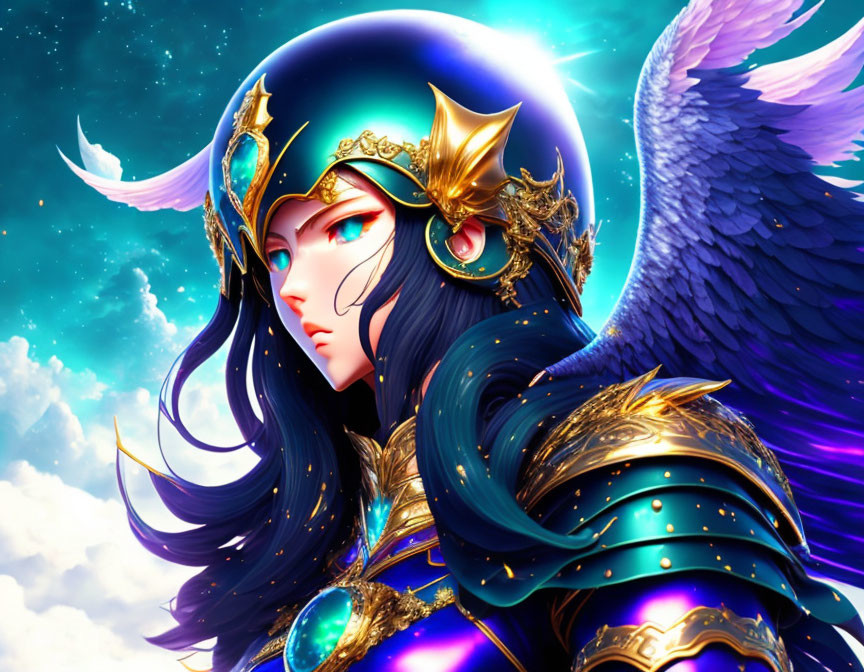 Illustration of female character in blue armor with golden accents and winged helmet against cloudy sky