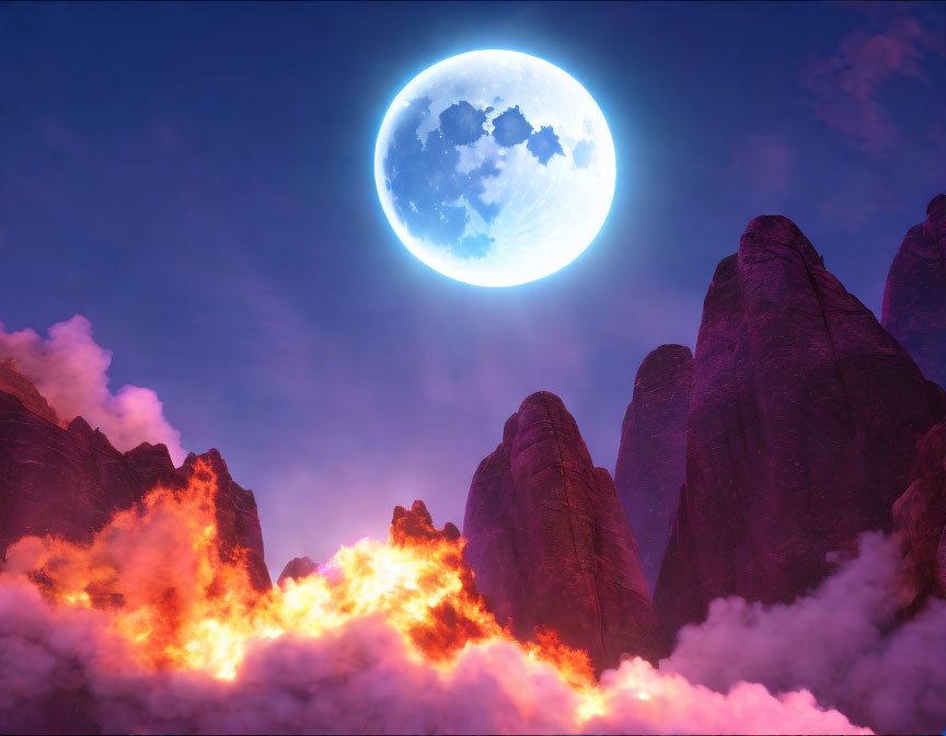 Majestic landscape with glowing lava, rocky peaks, and full moon