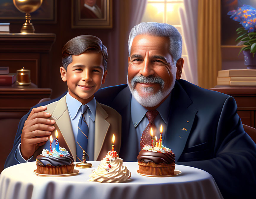 Senior man and young boy celebrate with cupcakes in warmly lit room