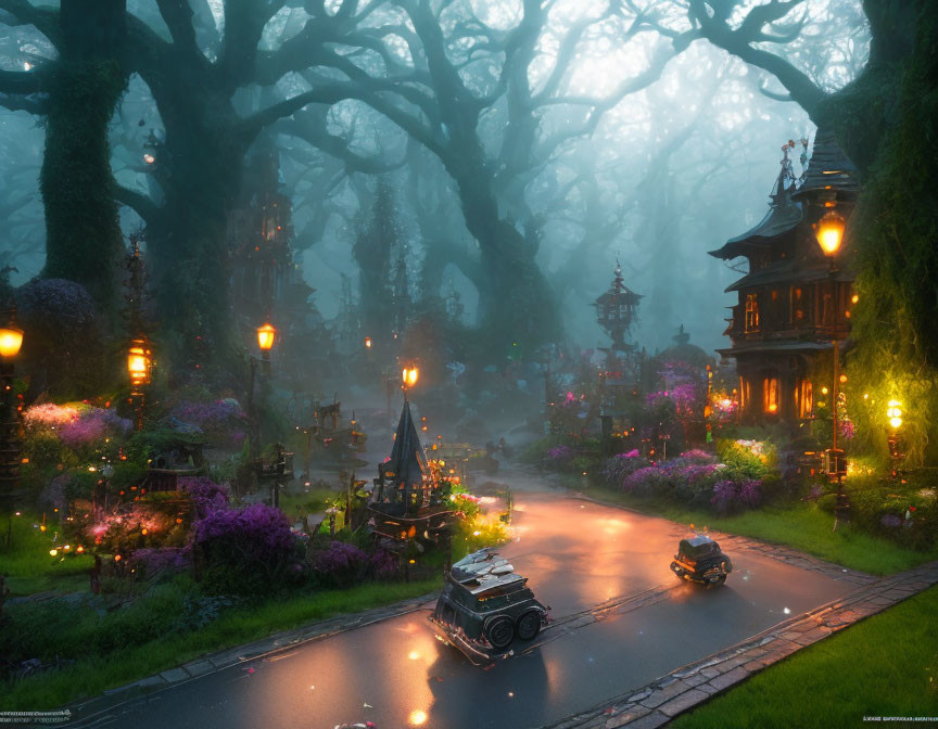 Vintage cars on wet road in ethereal night scene with lush gardens, lantern-lit trees, and