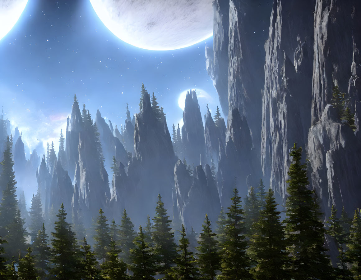 Fantastical landscape with towering mountains and large moon