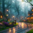 Vintage cars on wet road in ethereal night scene with lush gardens, lantern-lit trees, and