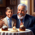 Senior man and young boy celebrate with cupcakes in warmly lit room