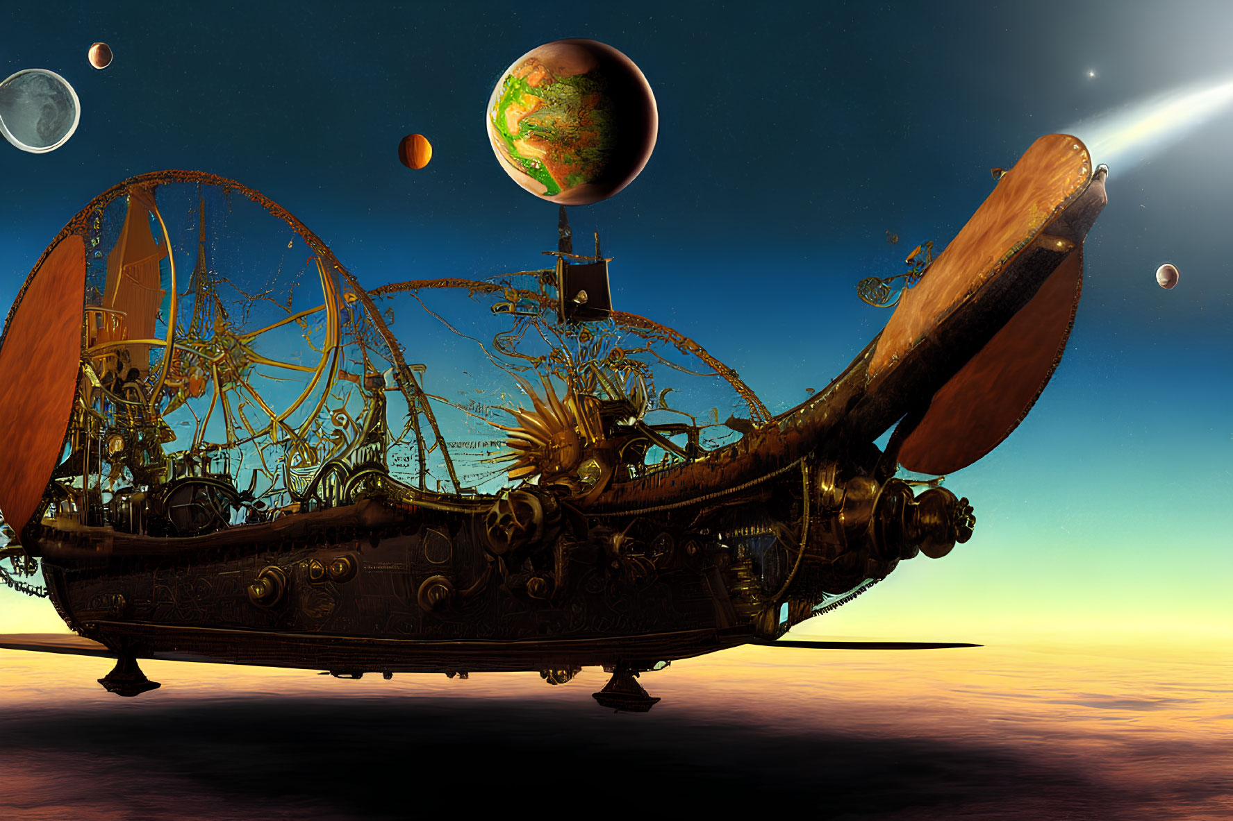 Steampunk airship over sunset horizon with planets and moons