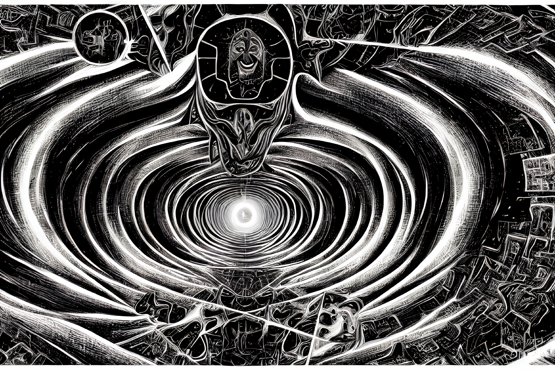 Monochrome abstract image with central vortex and symbolic details.