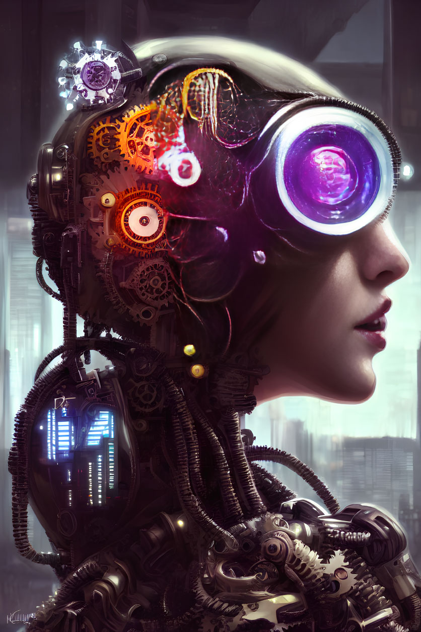 Detailed portrait of a cyborg with visible mechanical parts and purple lens, set against a futuristic background