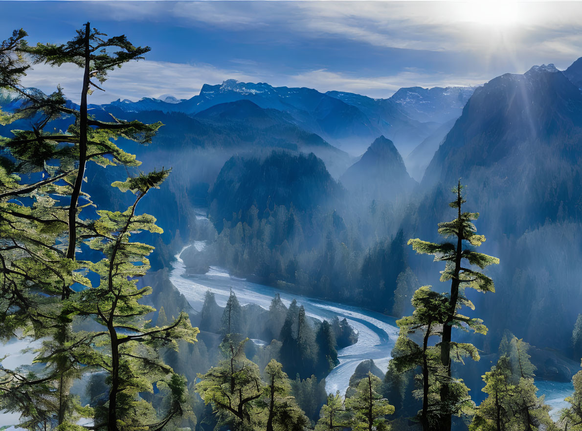 Sunlit mountainous landscape with winding river and evergreens.