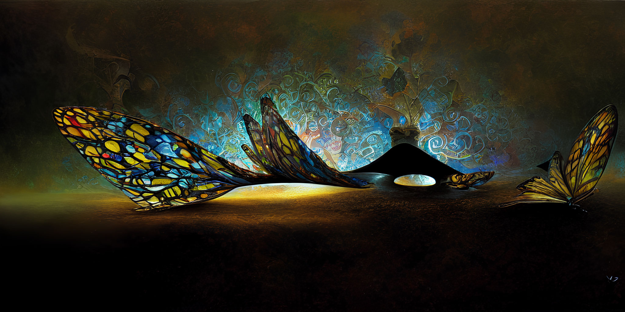 Butterfly wings in flight against textured background with glowing sphere