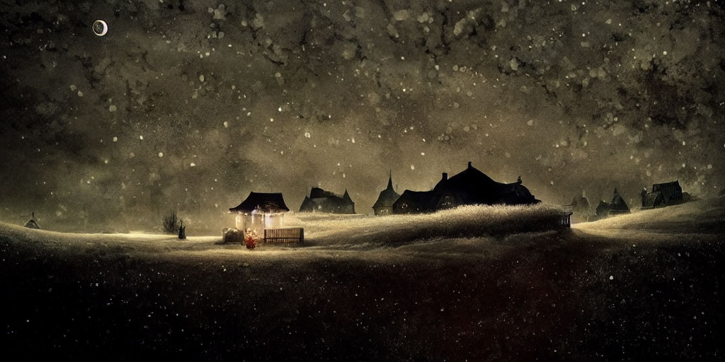 Snowy Winter Night: Village and Gazebo Illuminated