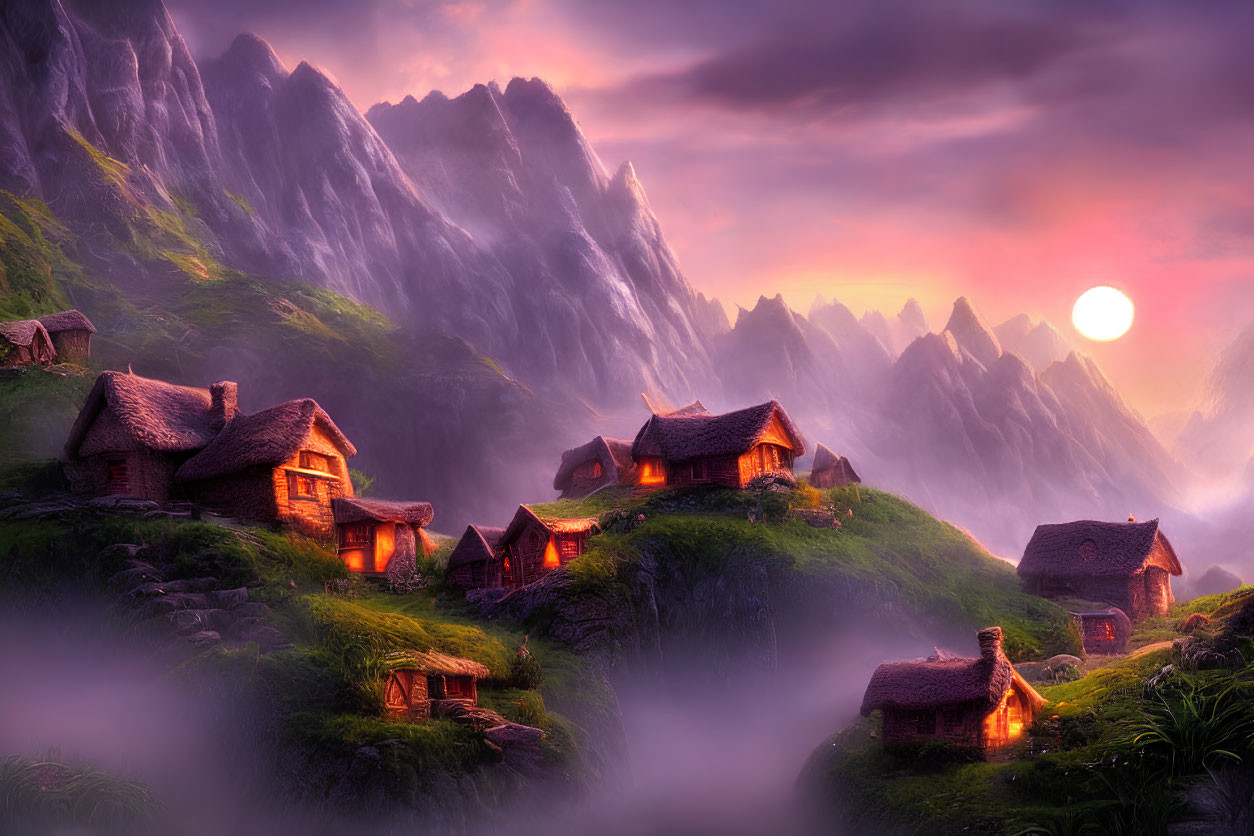 Fantasy landscape: Sunset, cozy cottages, misty hills, towering mountains