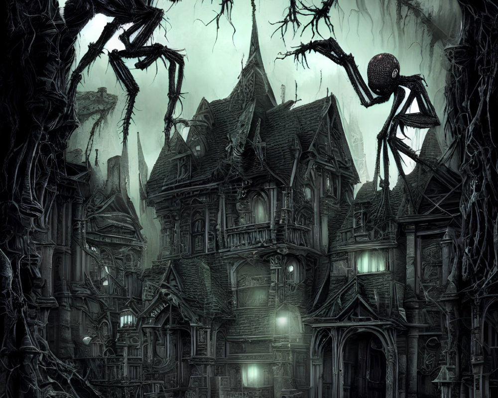 Eerie Victorian house with spiders in gothic setting