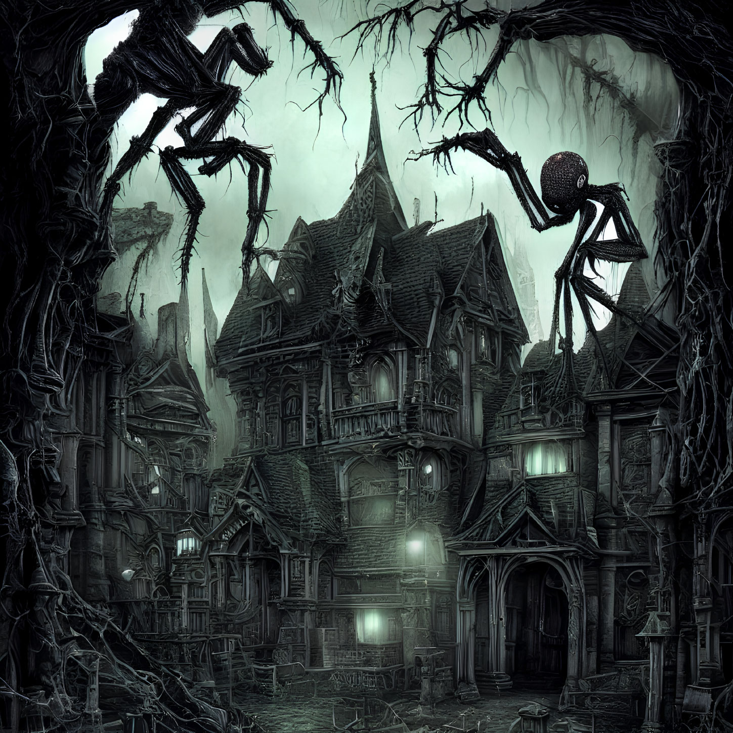 Eerie Victorian house with spiders in gothic setting