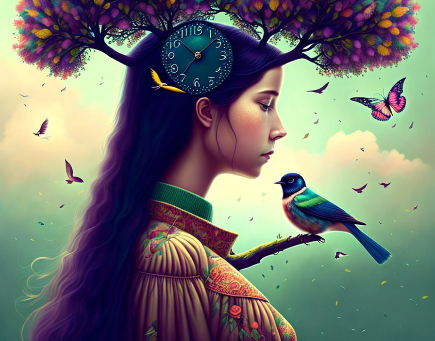 Digital illustration: Woman with clock in forehead, surrounded by flowers, butterflies, and bird