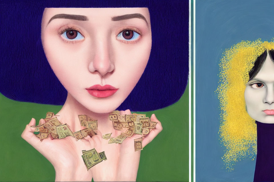 Split digital artwork: Woman with green currency and puzzle pieces, somber individual with yellow hair