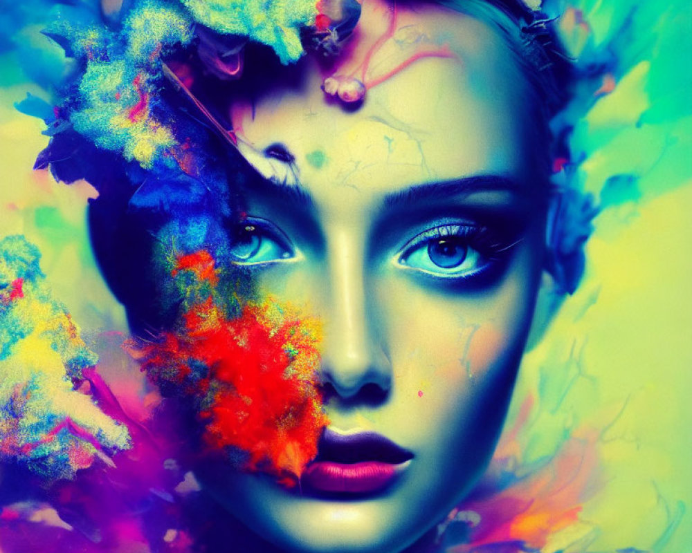 Colorful portrait of woman with paint splatters and flowers blending into face