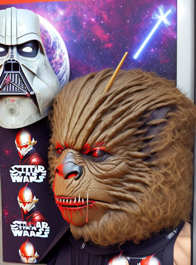 Detailed Chewbacca-inspired mask against cosmic Star Wars backdrop