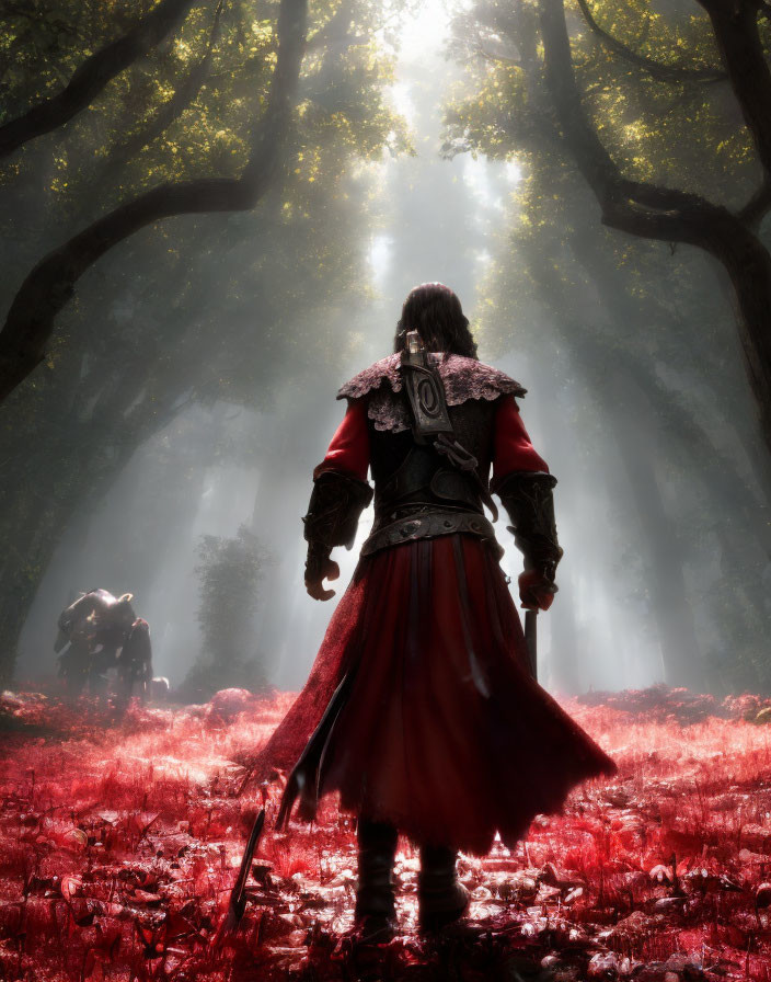 Person in red cloak and armor in misty forest with horse and rider.