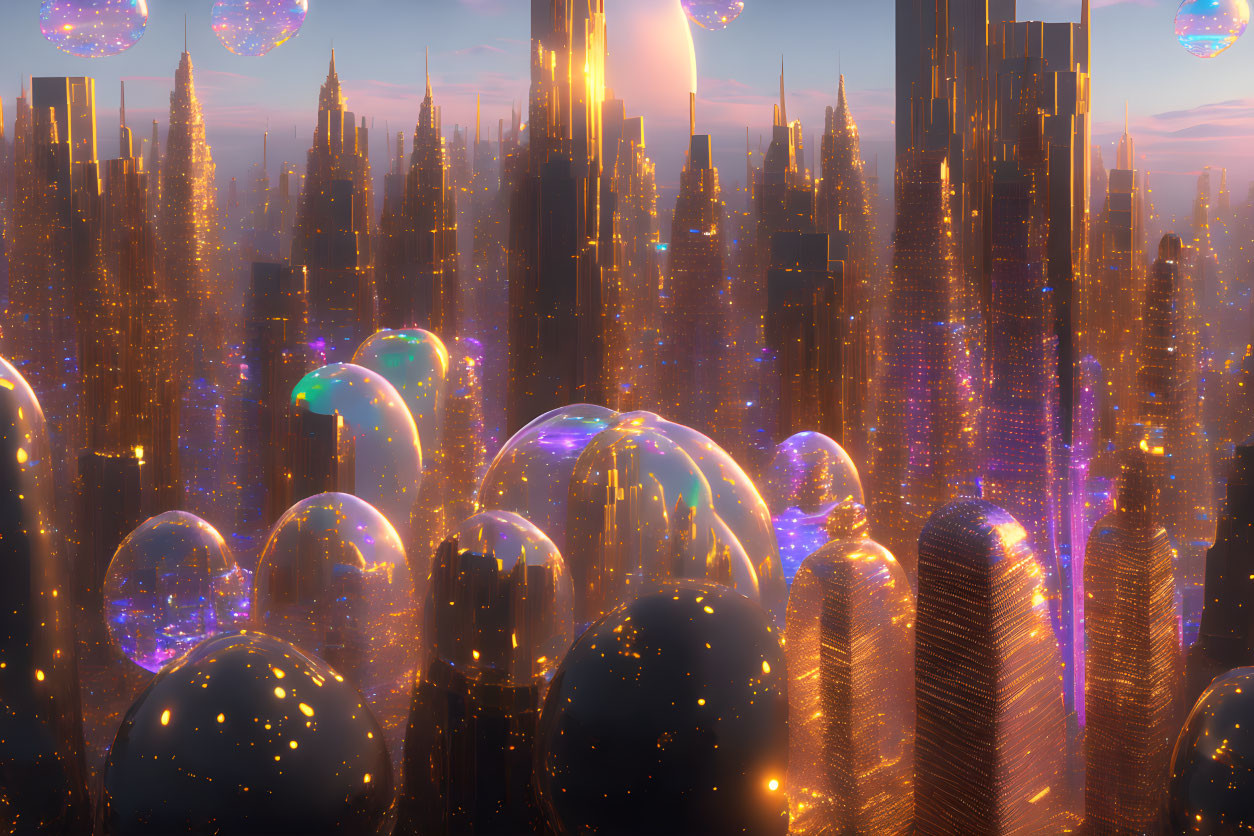 Futuristic sunset cityscape with glowing buildings and domes