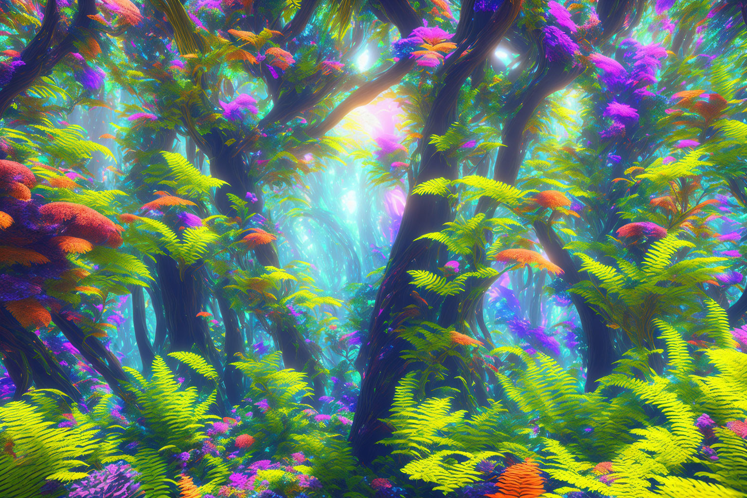 Neon-colored foliage in mystical forest with soft light