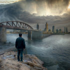 Person observing gigantic curling waves under dramatic sky with sunlight.