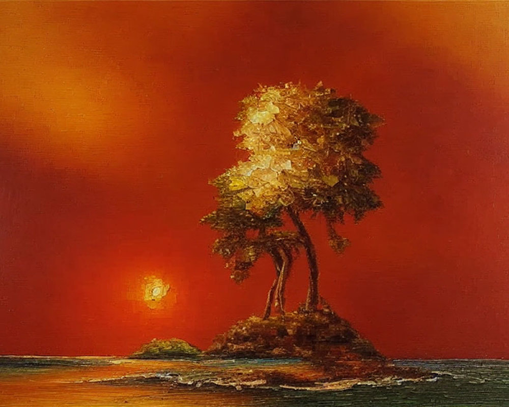 Lone island with trees under red-orange sky and reflective water