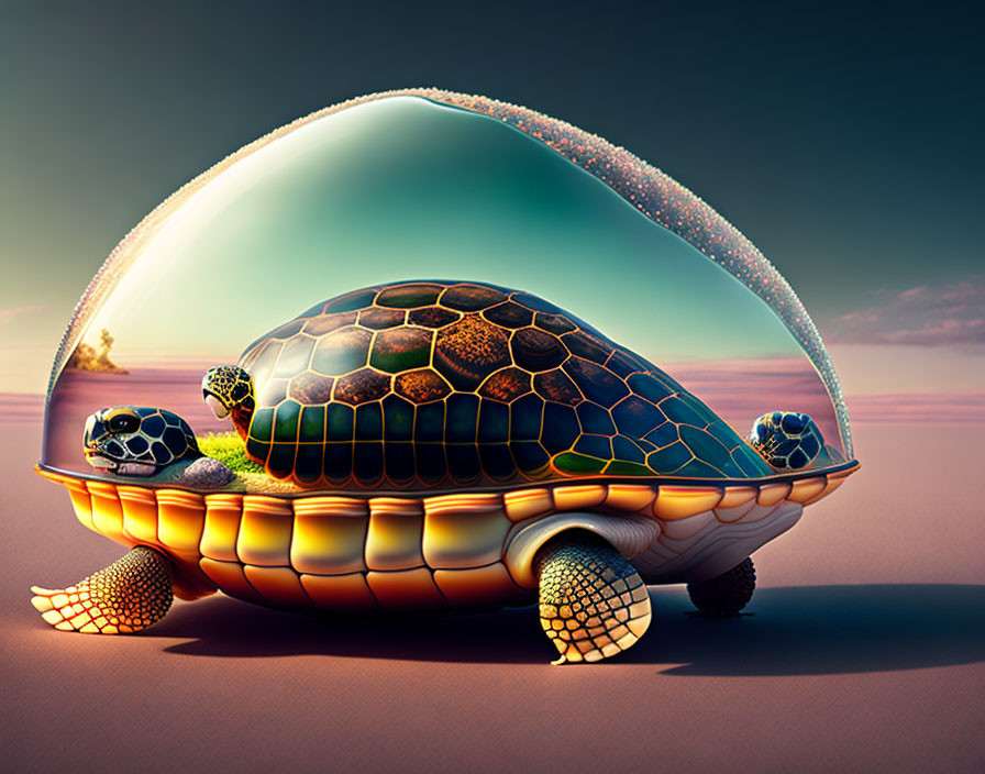 Whimsical large turtle with glass dome shell and sea inside, set against surreal sunset.