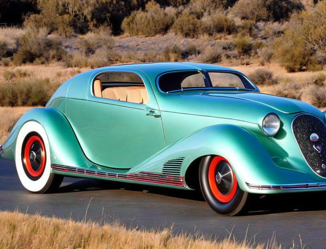 Vintage Teal Car with Red-Accented Wheels in Desert Landscape