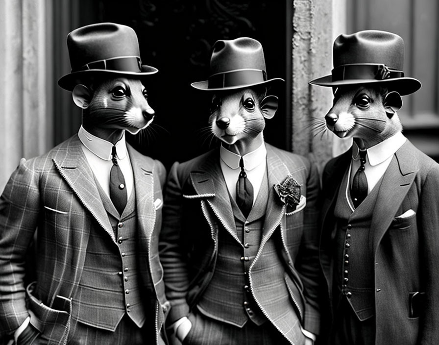 Vintage-dressed anthropomorphic meerkats in historical pose