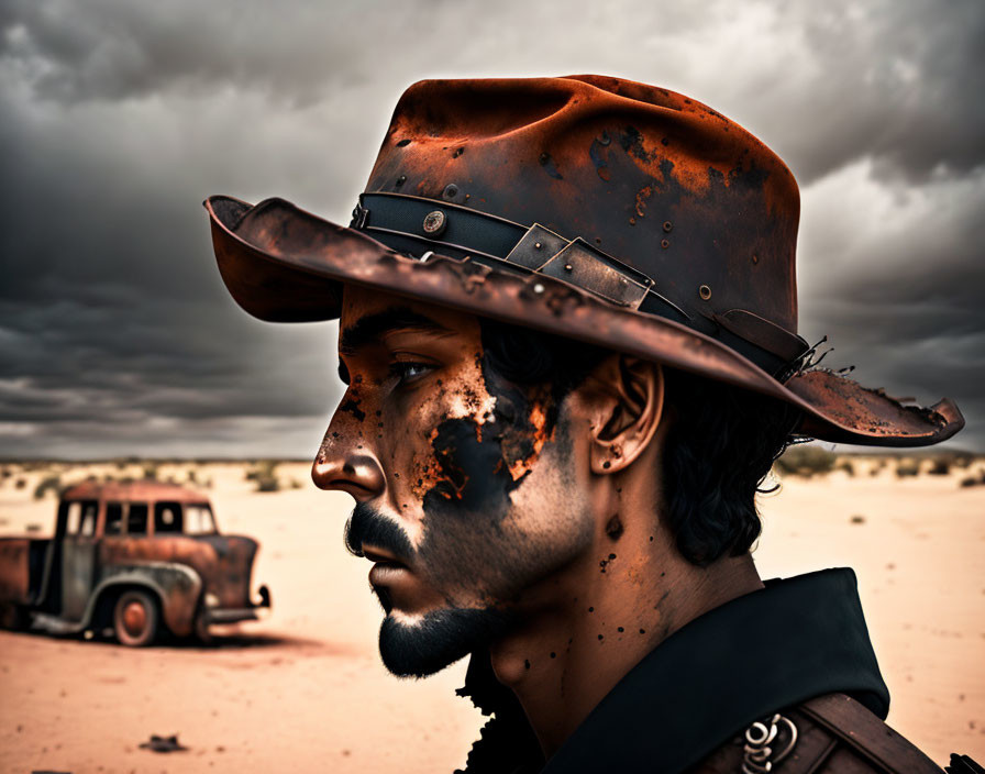 Pensive man in cowboy hat with vintage truck in stormy desert.