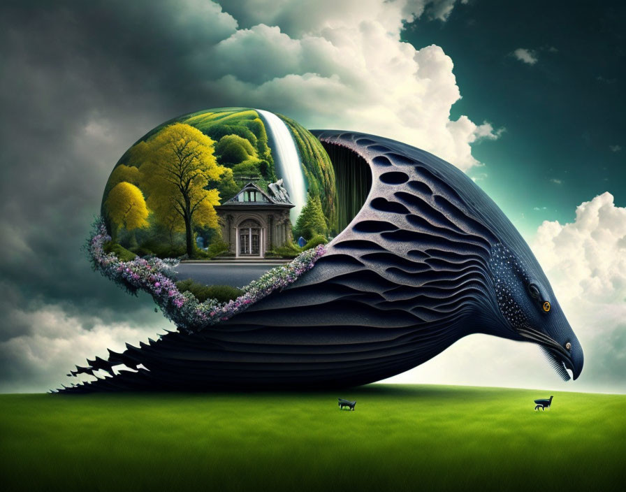 Surreal landscape with bird, trees, building, and animals under dramatic sky