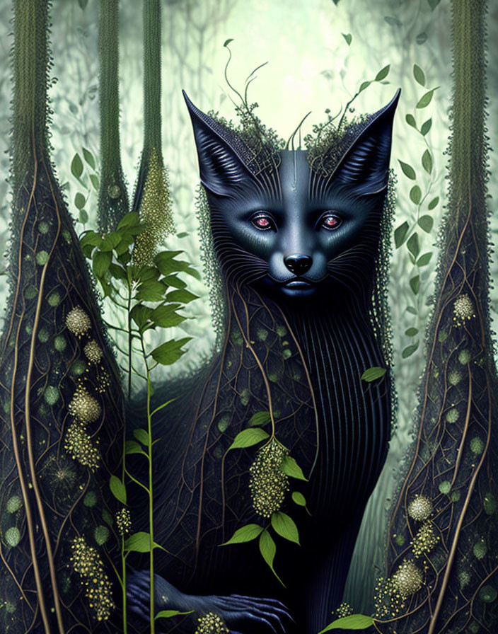 Mystical black fox with blue eyes in emerald forest blending with vines.