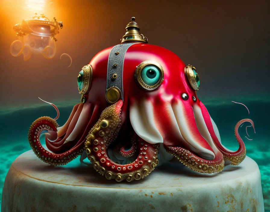 Steampunk-style octopus with brass helmet and goggles underwater on stone with bubbles.