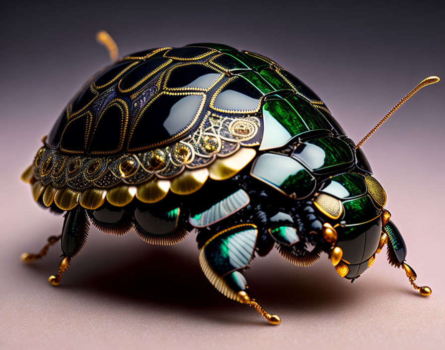 Metallic Green and Gold Patterned Beetle with Prominent Antennae on Soft-Focus Pink Background