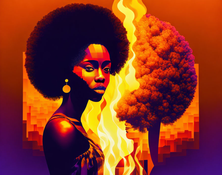 Digital artwork: Woman with afro hairstyle, flames transforming, purple-orange background