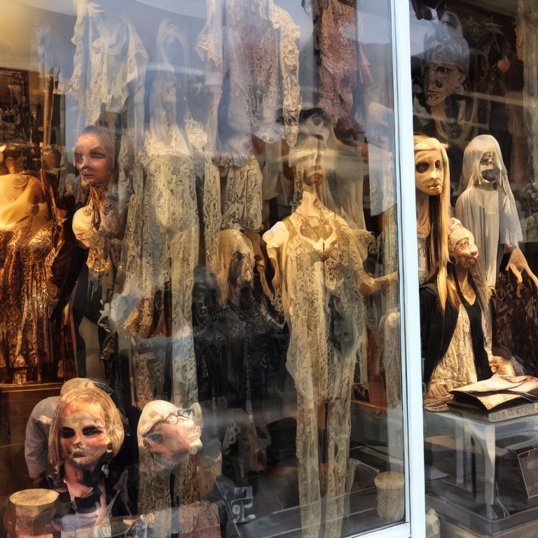 Eerie mannequins in vintage lace and ghostly attire with skulls and aged books.