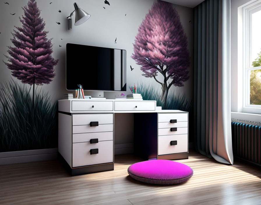 Modern Home Office with White Desk, Computer Monitor, Purple Accents, and Tree Wall Decals