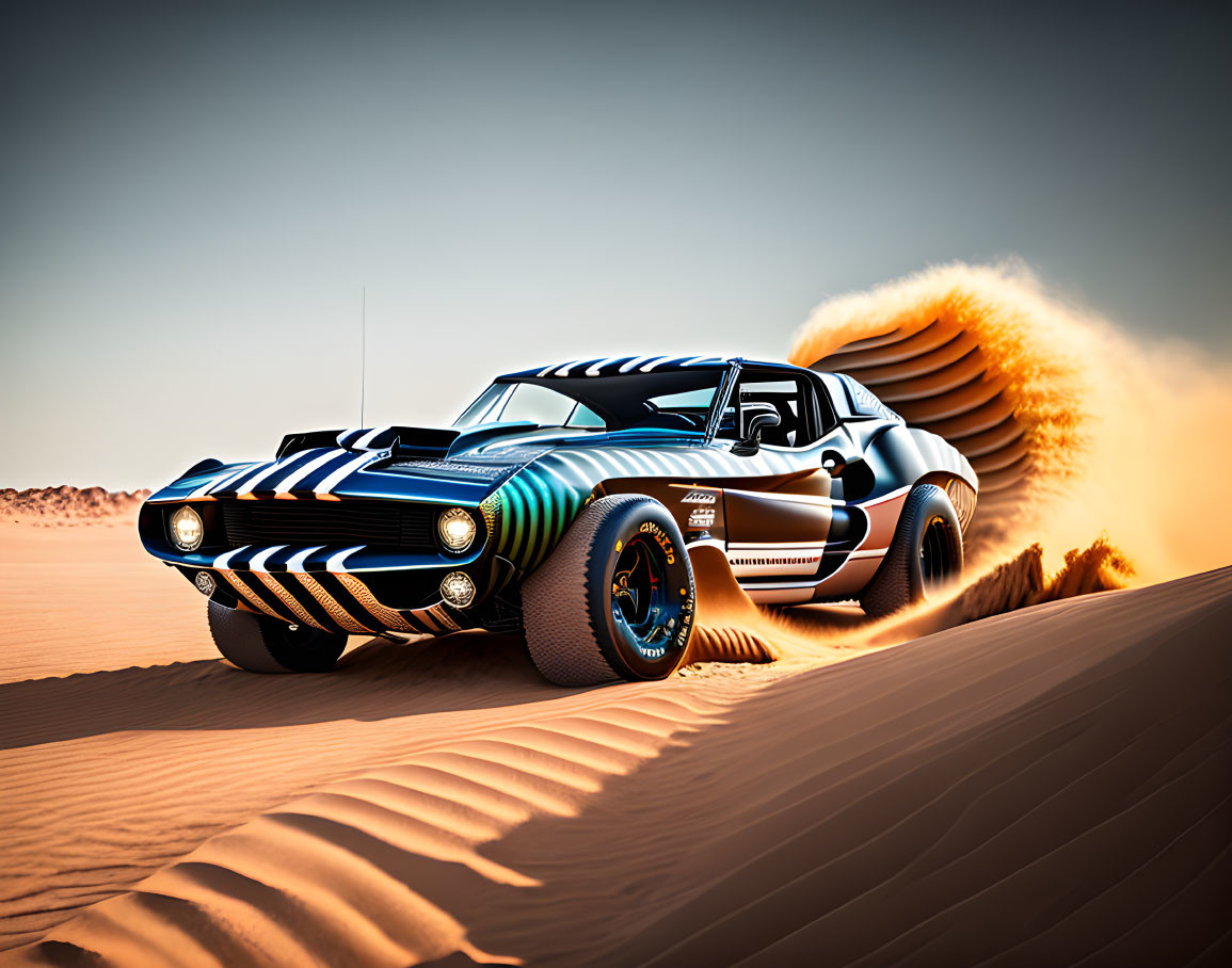 Classic muscle car racing through sandy desert under clear sky