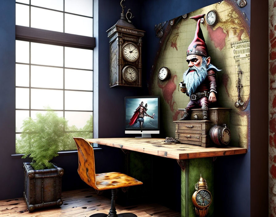 Quaint room corner with gnome figurine, vintage clocks, plant, and window.