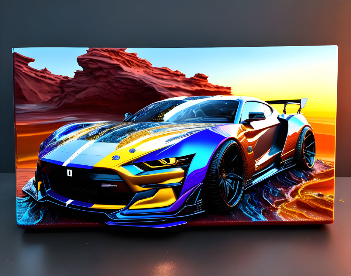 Vibrant sports car on HD screen against desert backdrop