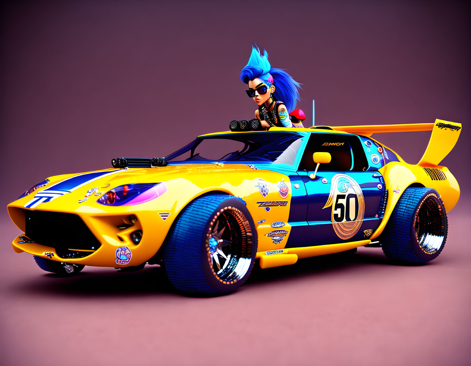 Blue-haired animated character driving colorful racing car with number 50 and decals