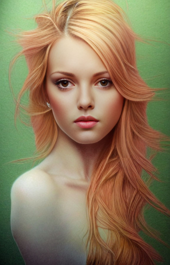 Portrait of woman with flowing strawberry blond hair, fair skin, green eyes on green background