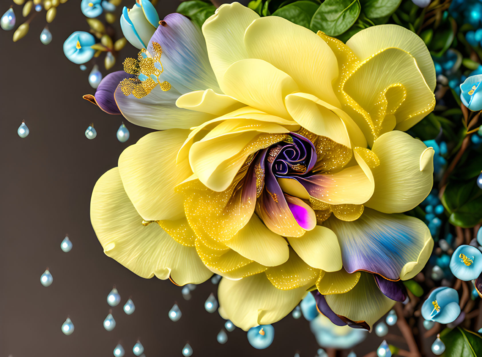 Digital Image: Vibrant Yellow Flower with Purple and Black Center surrounded by Blue-Green Leaves and Dew