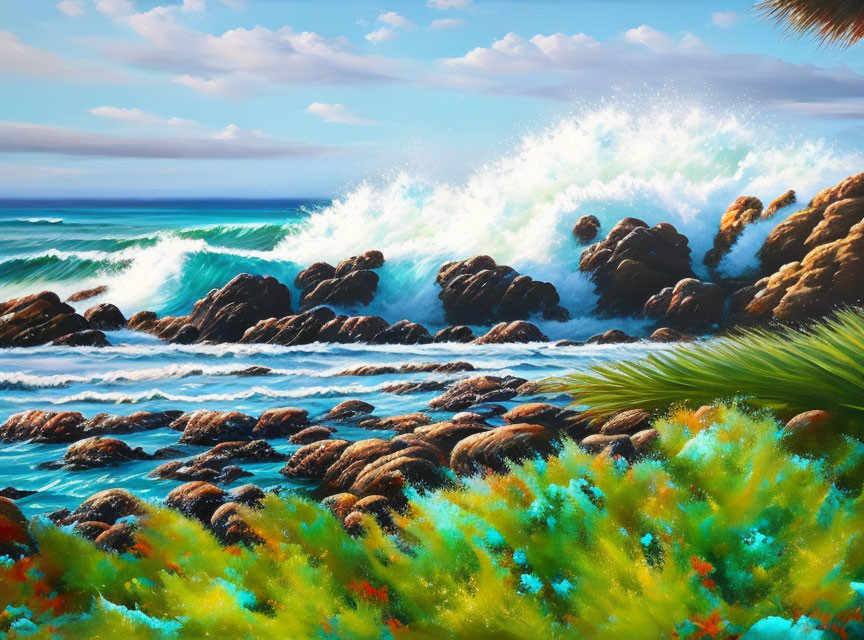 Rocky shores with vibrant vegetation under sunny sky: A coastal scene.