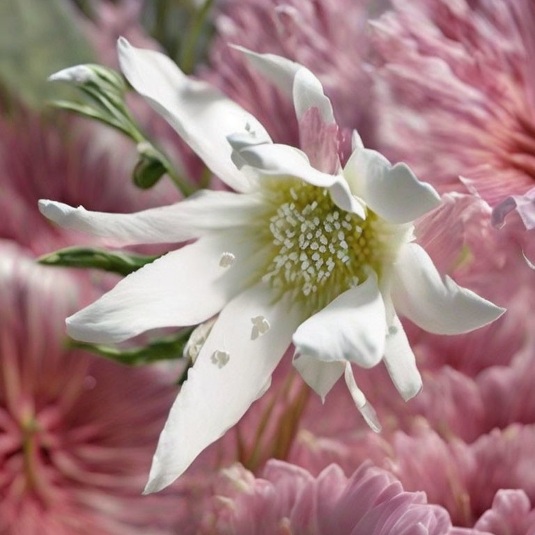 White Flower with Prominent Center and Delicate Petals Among Soft Pink Blooms