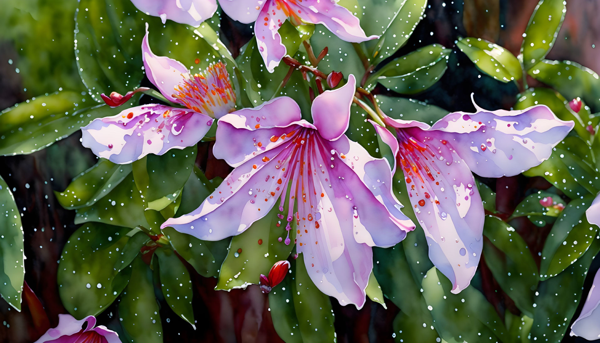 Purple and White Flowers with Dewdrops on Petals in Lush Green Setting