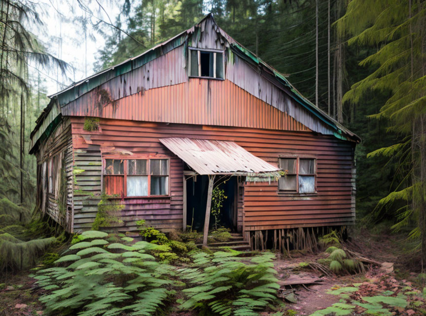 Weathered Wooden Cabin with Corrugated Metal Roof in Forest Setting